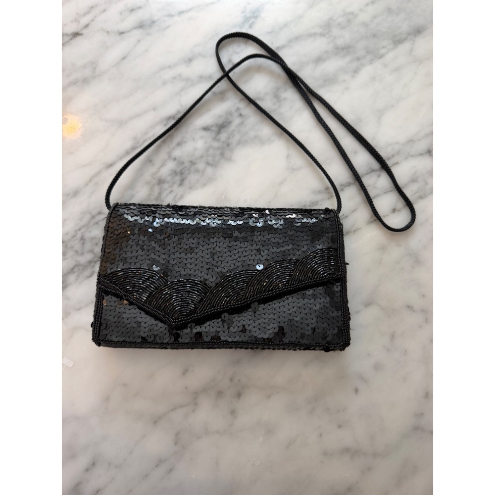 Vintage 80s La Regale Black Sequin Beaded Clutch Crossbody Evening Bag